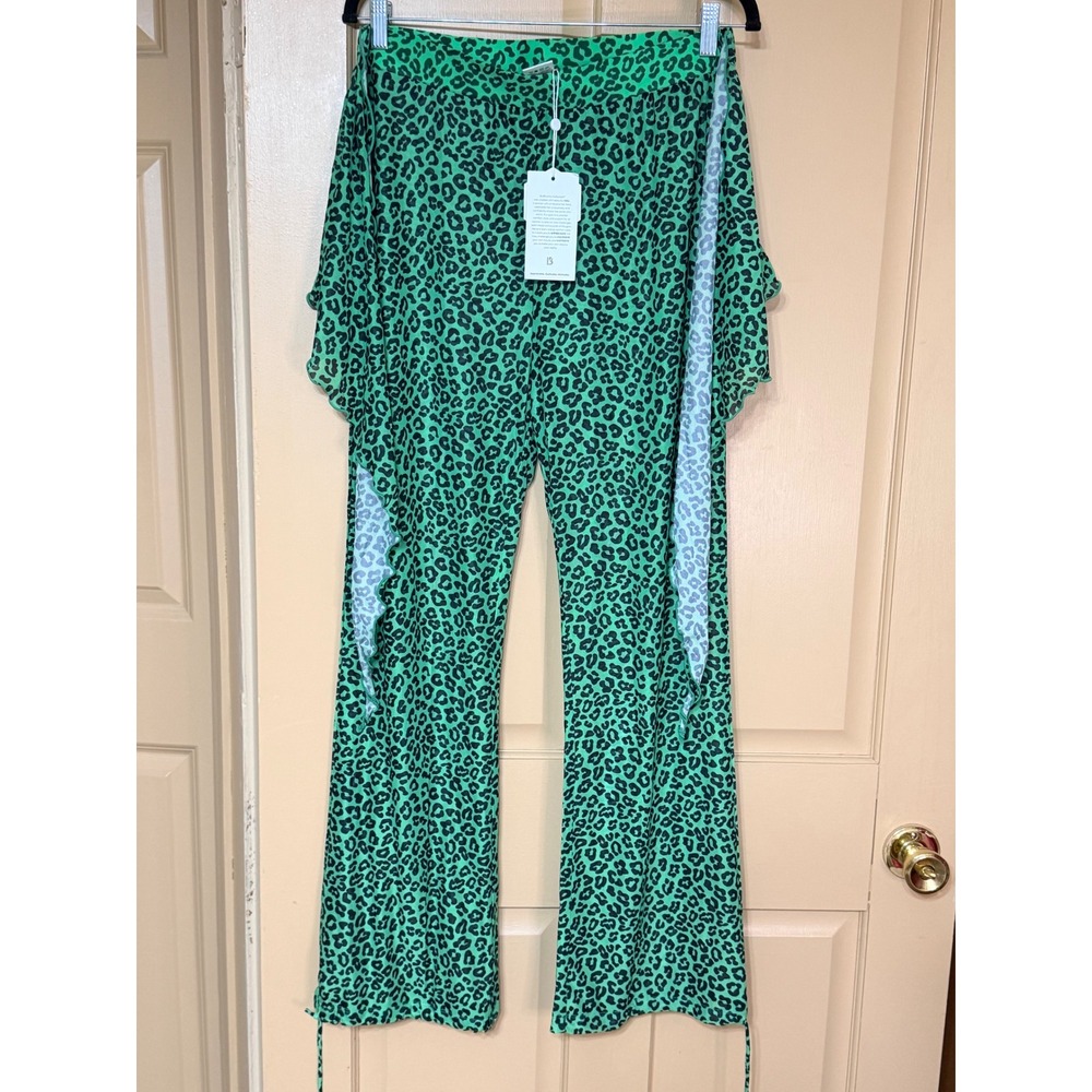 Buffbunny Collection Green Leopard Print Ruffle Wide Leg Pants Large NWT